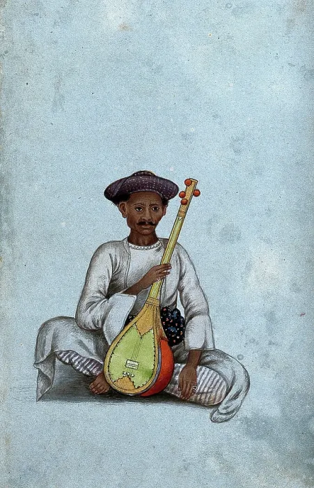 Framed Print : A musician holding a sitar, (between 1800 and 1899?). Creator: Unknown Framed Print : A musician holding a sitar, (between 1800 and 1899?). Creator: Unknown