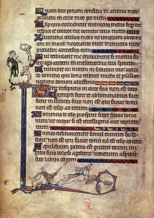 Framed Print : Musician and monkeys; dog chasing a stag, 1284-c1316. Creator: Unknown Framed Print : Musician and monkeys; dog chasing a stag, 1284-c1316. Creator: Unknown