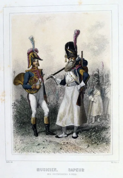 Framed Print : Musician and Sapper of the Grenadiers-a-Pied, 1859. Artist: Auguste Raffet Framed Print : Musician and Sapper of the Grenadiers-a-Pied, 1859. Artist: Auguste Raffet