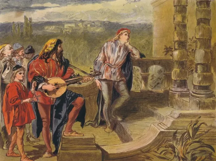Framed Print : The musician sings in The Two Gentlemen of Verona: Act IV Scene II, c1875. Artist: Sir John Gilbert Framed Print : The musician sings in The Two Gentlemen of Verona: Act IV Scene II, c1875. Artist: Sir John Gilbert