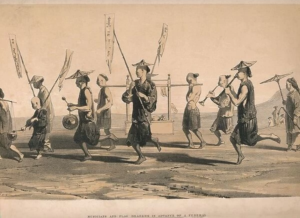 Musicians and Flag Bearers in advance of a funeral, c1860. Creator: M & N Hanhart