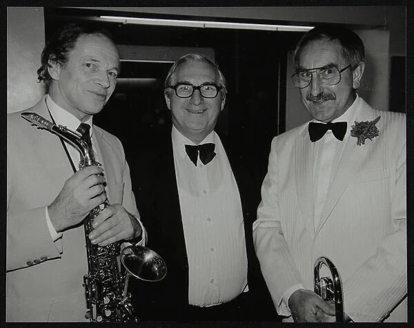Musicians John Dankworth and Don Lusher with Dennis Matthews of Crescendo magazine, London, 1985