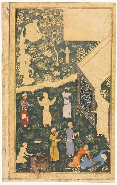 Musicians and Servants Outside a Royal Encampment (recto), c. 1485. Creator: Bihzad (Iranian