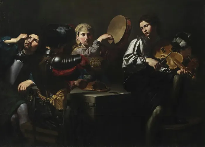 Framed Print : Musicians and Soldiers, 1626. Creator: Valentin de Boulogne Framed Print : Musicians and Soldiers, 1626. Creator: Valentin de Boulogne