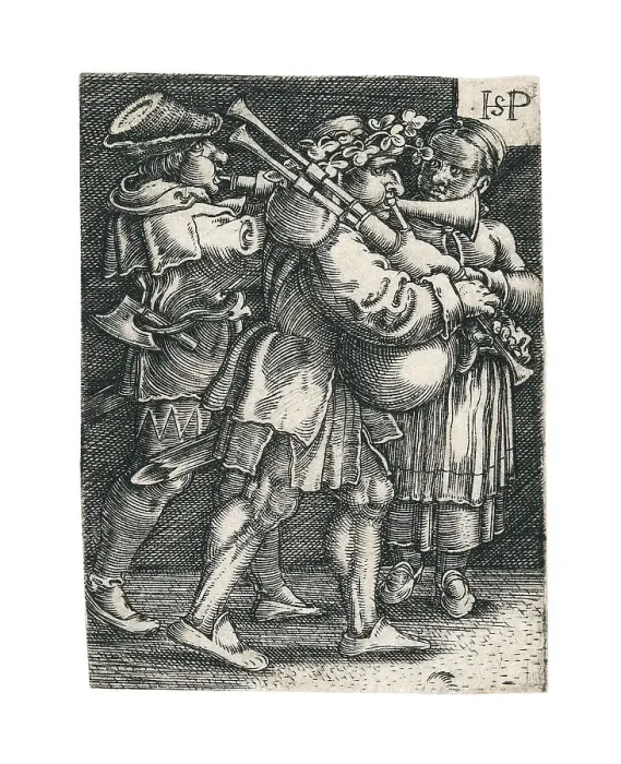 Framed Print : Two musicians and a woman. Creator: Beham, Hans Sebald (1500-1550) Framed Print : Two musicians and a woman. Creator: Beham, Hans Sebald (1500-1550)