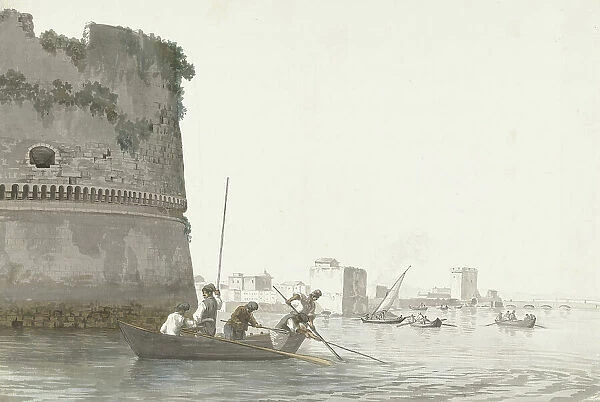 Mussel fishermen on Mar Piccolo near the fortifications of Taranto, 1778. Creator: Louis Ducros