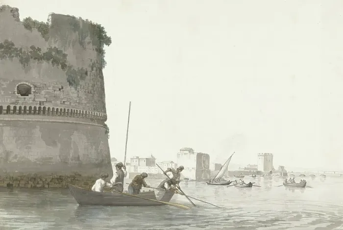 Framed Print : Mussel fishermen on Mar Piccolo near the fortifications of Taranto, 1778. Creator: Louis Ducros Framed Print : Mussel fishermen on Mar Piccolo near the fortifications of Taranto, 1778. Creator: Louis Ducros