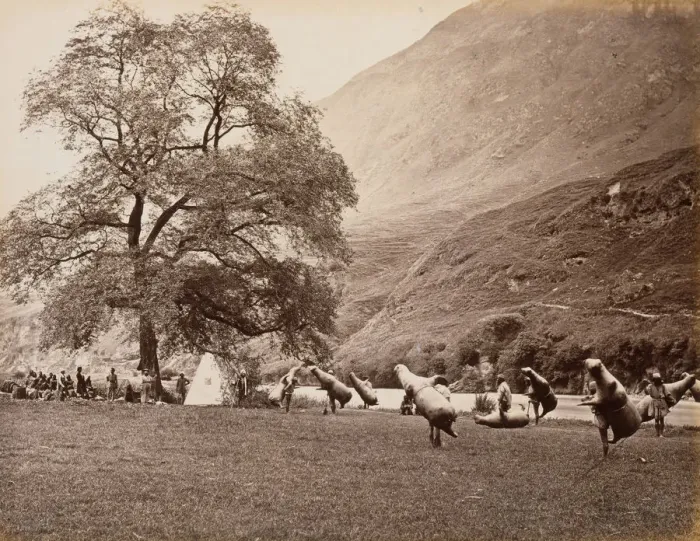 Framed Print : Mussucks for Crossing the Beas River Below Bajoura, 1866. Creator: Samuel Bourne Framed Print : Mussucks for Crossing the Beas River Below Bajoura, 1866. Creator: Samuel Bourne