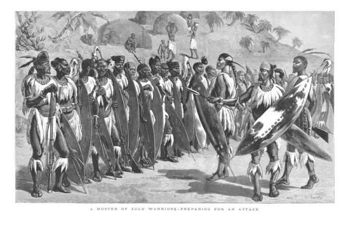 Framed Print : A Muster of Zulu Warriors - Preparing for an Attack. 1879 Framed Print : A Muster of Zulu Warriors - Preparing for an Attack. 1879