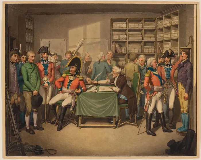 Framed Print : Mustering. Scenes of life during the Biedermeier period. Creator: Opiz, Georg Emanuel (1775-1841) Framed Print : Mustering. Scenes of life during the Biedermeier period. Creator: Opiz, Georg Emanuel (1775-1841)