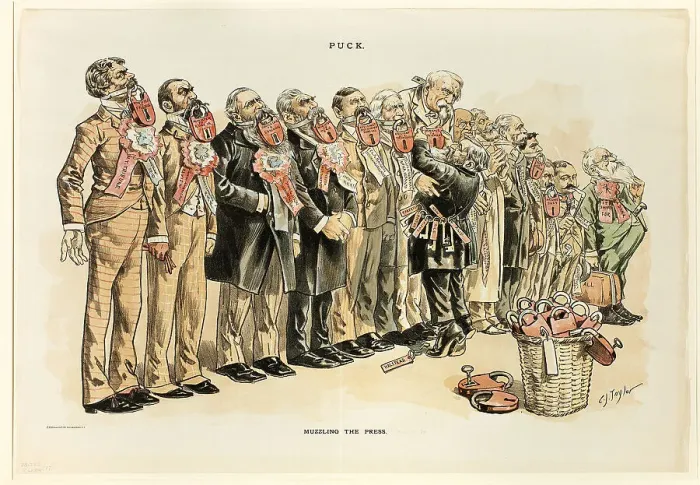 Framed Print : Muzzling the Press, from Puck, published May, 1889. Creator: Charles Jay Taylor Framed Print : Muzzling the Press, from Puck, published May, 1889. Creator: Charles Jay Taylor