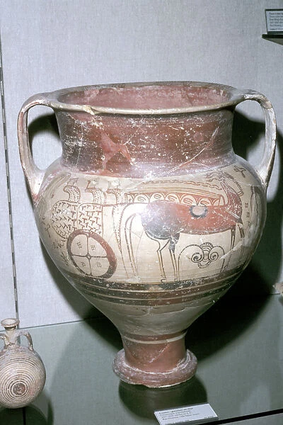 Mycenaean crater with warriors in a chariot motif, Ras Shamra, Syria, c14th - 13th century BC