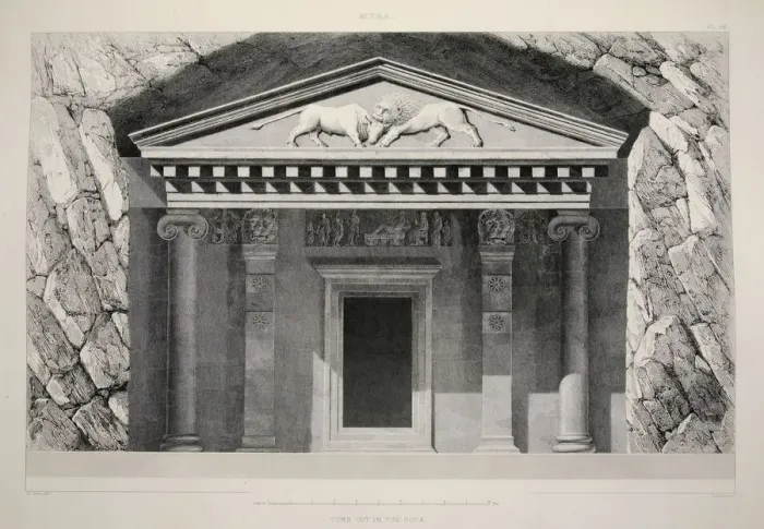 Framed Print : Myra - Tomb Cut in the Rock, pub. 1863 (lithograph). Creator: English School (19th Century) Framed Print : Myra - Tomb Cut in the Rock, pub. 1863 (lithograph). Creator: English School (19th Century)