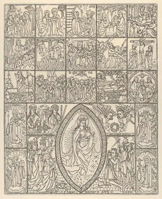 Framed Print : The Fifteen Mysteries and the Virgin of the Rosary (Modern Impression), 1488 Framed Print : The Fifteen Mysteries and the Virgin of the Rosary (Modern Impression), 1488