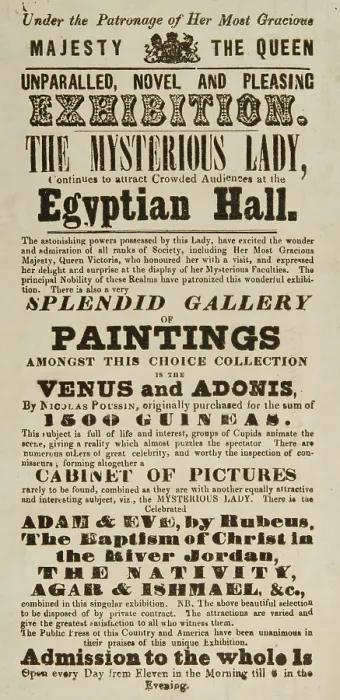 Framed Print : The Mysterious Lady, at the Egyptian Hall, 1845. Creator: Unknown Framed Print : The Mysterious Lady, at the Egyptian Hall, 1845. Creator: Unknown