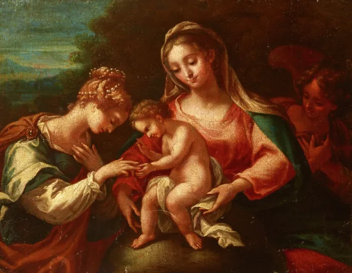 Framed Print : Mystic Marriage of Saint Catherine, 17th century. Creator: Francesco Perezzoli Framed Print : Mystic Marriage of Saint Catherine, 17th century. Creator: Francesco Perezzoli
