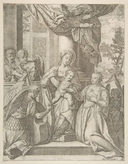 Framed Print : The mystic marriage of Saint Catherine who sits at center with the Christ child Framed Print : The mystic marriage of Saint Catherine who sits at center with the Christ child