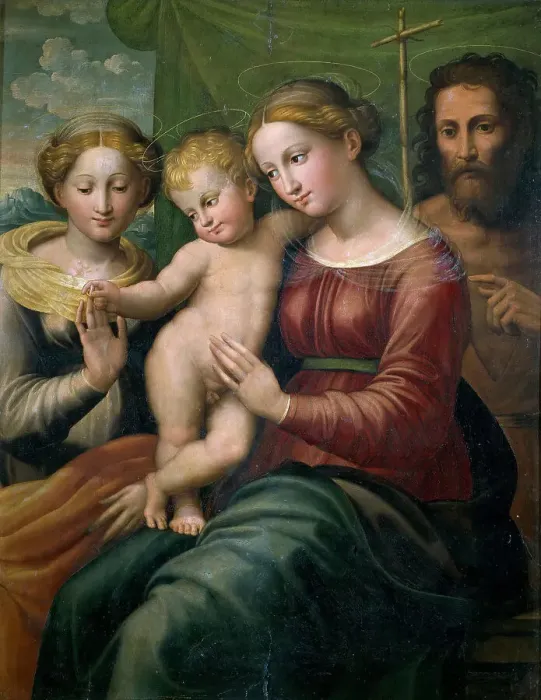 Framed Print : The Mystical Marriage of Saint Catherine and Saint John the Baptist, First Half of 16th cen. Creator: Francucci, Innocenzo (1490 / 94-1547 / 50) Framed Print : The Mystical Marriage of Saint Catherine and Saint John the Baptist, First Half of 16th cen. Creator: Francucci, Innocenzo (1490 / 94-1547 / 50)