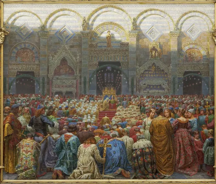 Framed Print : The Mystical Wedding between the Bishop and the Abbess of Pistoia. Artist: Zahrtmann, Kristian (1843-1917) Framed Print : The Mystical Wedding between the Bishop and the Abbess of Pistoia. Artist: Zahrtmann, Kristian (1843-1917)