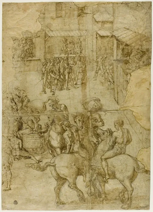 Framed Print : Mythological Pageant (recto); Illegible Inscriptions and Anatomical Studies of...(verso), 1528 / 29. Creator: Girolamo Genga Framed Print : Mythological Pageant (recto); Illegible Inscriptions and Anatomical Studies of...(verso), 1528 / 29. Creator: Girolamo Genga