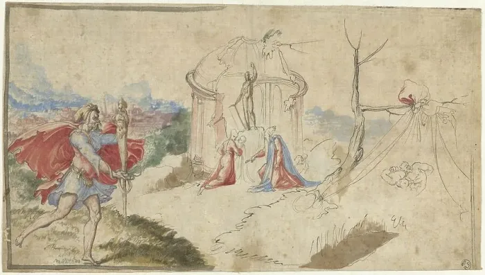 Framed Print : Mythological scene (Aeneas flees Troy?), 1550-1600. Creator: Aniello Redita Framed Print : Mythological scene (Aeneas flees Troy?), 1550-1600. Creator: Aniello Redita
