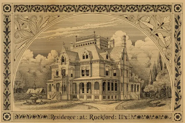 Framed Print : N. C. Thompson House, Rockford, Illinois, Perspective, 1876. Creator: Peter Bonnett Wight Framed Print : N. C. Thompson House, Rockford, Illinois, Perspective, 1876. Creator: Peter Bonnett Wight