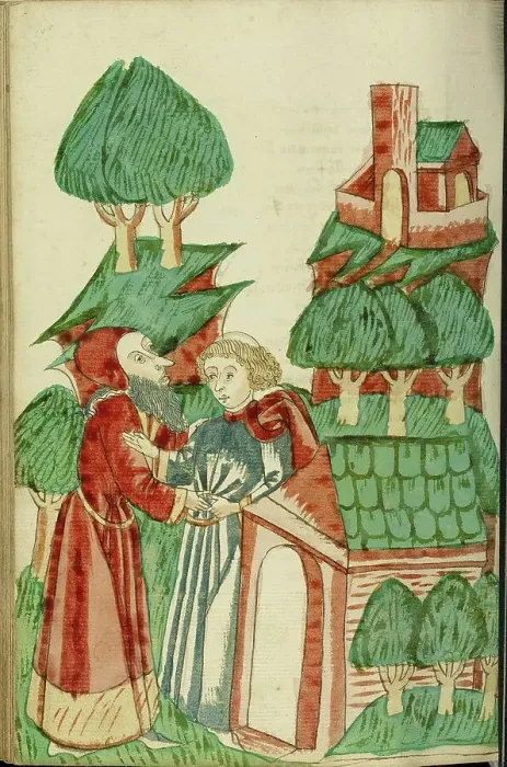 Framed Print : Nachor Visits a Holy Man; Barlaam und Josaphat, 1469. Creators: Hans Schilling, Diebolt Lauber Framed Print : Nachor Visits a Holy Man; Barlaam und Josaphat, 1469. Creators: Hans Schilling, Diebolt Lauber