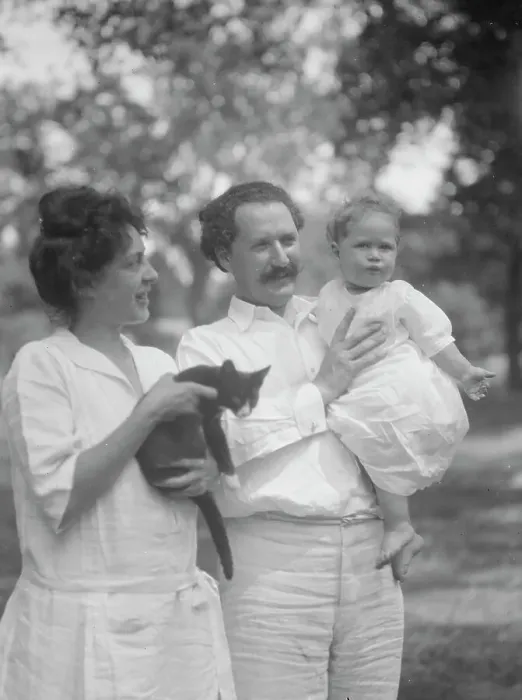 Framed Print : Nadelman, Mr. and Mrs. with baby and cat, standing outdoors, 1923 July 12. Creator: Arnold Genthe Framed Print : Nadelman, Mr. and Mrs. with baby and cat, standing outdoors, 1923 July 12. Creator: Arnold Genthe