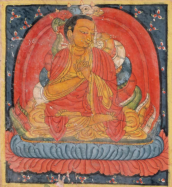 Nagarjuna (left), Buton Rinpoche (right), Folio from a Dharani... Late 14th- early 15th century. Creator: Unknown
