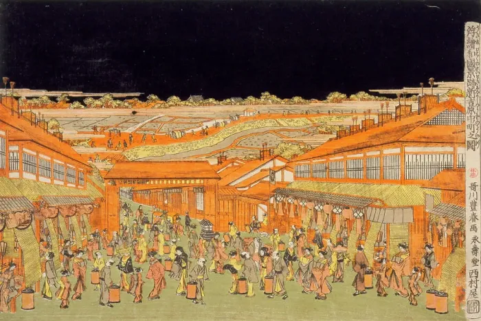 Framed Print : Nakano-cho Street in the Shin Yoshiwara Entertainment Quarter, c1770. Creator: Utagawa Toyoharu Framed Print : Nakano-cho Street in the Shin Yoshiwara Entertainment Quarter, c1770. Creator: Utagawa Toyoharu