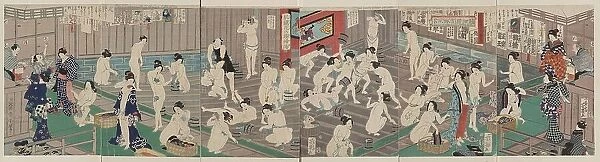 Naked bodies compared to irises in hot water... 1868. Creator: Kunichika, Toyohara (1835-1900)