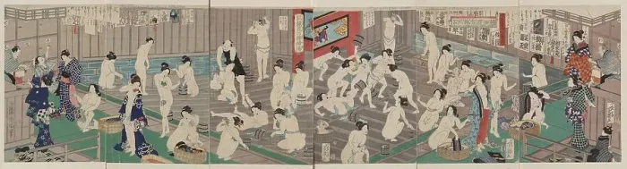 Framed Print : Naked bodies compared to irises in hot water... 1868. Creator: Kunichika, Toyohara (1835-1900) Framed Print : Naked bodies compared to irises in hot water... 1868. Creator: Kunichika, Toyohara (1835-1900)