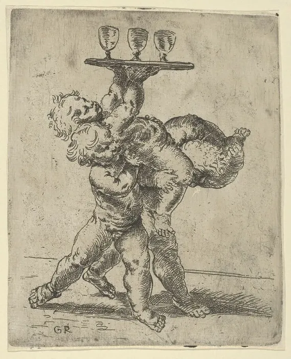 Framed Print : Two naked boys carrying a third who supports a tray with three goblets, after Ren... ca. 1600-1640. Creator: Anon Framed Print : Two naked boys carrying a third who supports a tray with three goblets, after Ren... ca. 1600-1640. Creator: Anon