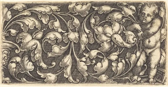 Framed Print : Naked Infant Holding a Double Scroll of Leafy Ornament. Creator: Heinrich Aldegrever Framed Print : Naked Infant Holding a Double Scroll of Leafy Ornament. Creator: Heinrich Aldegrever