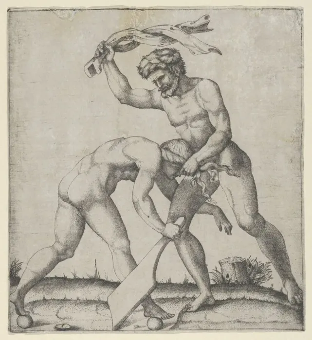 Framed Print : A naked man holding Fortune by the hair and whipping her, ca. 1510-27. Creator: Marcantonio Raimondi Framed Print : A naked man holding Fortune by the hair and whipping her, ca. 1510-27. Creator: Marcantonio Raimondi