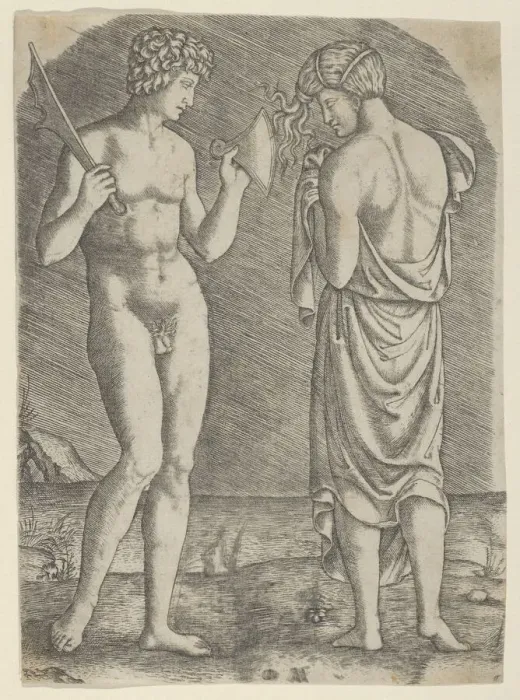Framed Print : A naked man at left showing an axe to a woman at right, ca. 1510-27. Creator: Marcantonio Raimondi Framed Print : A naked man at left showing an axe to a woman at right, ca. 1510-27. Creator: Marcantonio Raimondi