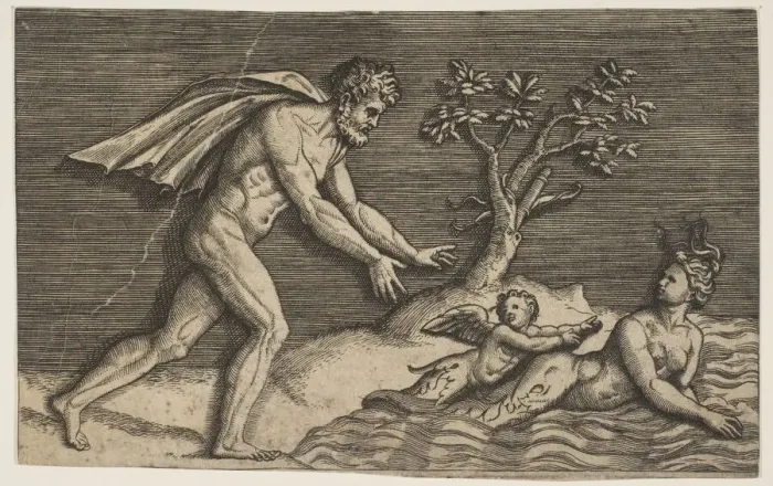 Framed Print : A naked man pursing a naiad and a cupid into the water, ca. 1515-27. Creator: Marco Dente Framed Print : A naked man pursing a naiad and a cupid into the water, ca. 1515-27. Creator: Marco Dente