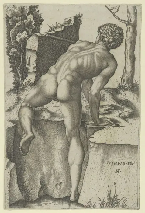 Framed Print : Naked man viewed from behind climbing a river bank, after Michelangelo, ca. 1509. Creator: Marcantonio Raimondi Framed Print : Naked man viewed from behind climbing a river bank, after Michelangelo, ca. 1509. Creator: Marcantonio Raimondi