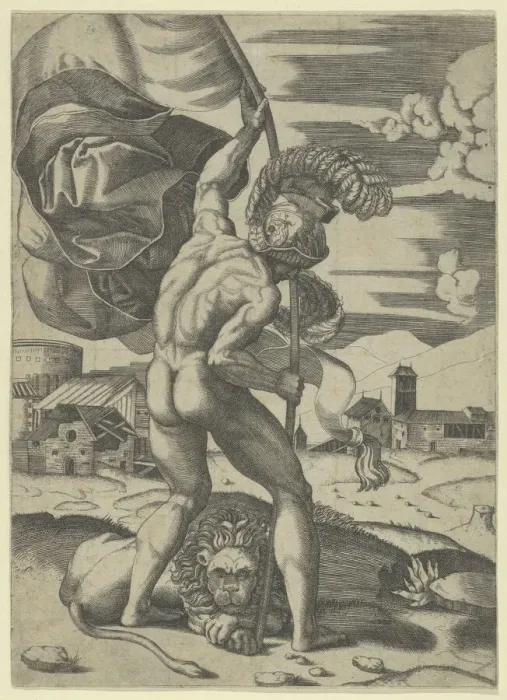 Framed Print : Naked man wearing an elaborate helmet viewed from behind holding a banner, a lion... ca. 1500-1534. Creator: Marcantonio Raimondi Framed Print : Naked man wearing an elaborate helmet viewed from behind holding a banner, a lion... ca. 1500-1534. Creator: Marcantonio Raimondi