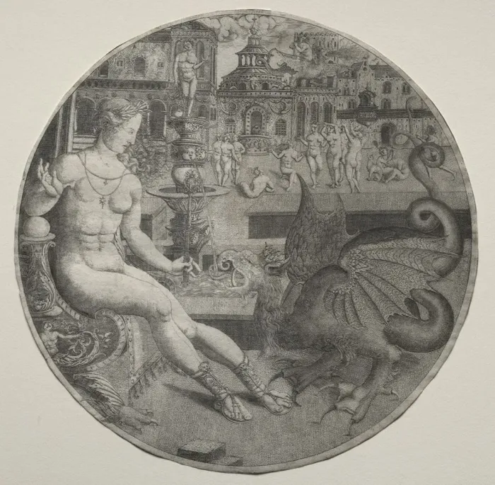 Framed Print : Naked Woman and a Dragon, 1523. Creator: Allaert Claesz (Netherlandish, fl. 1508-1534) Framed Print : Naked Woman and a Dragon, 1523. Creator: Allaert Claesz (Netherlandish, fl. 1508-1534)