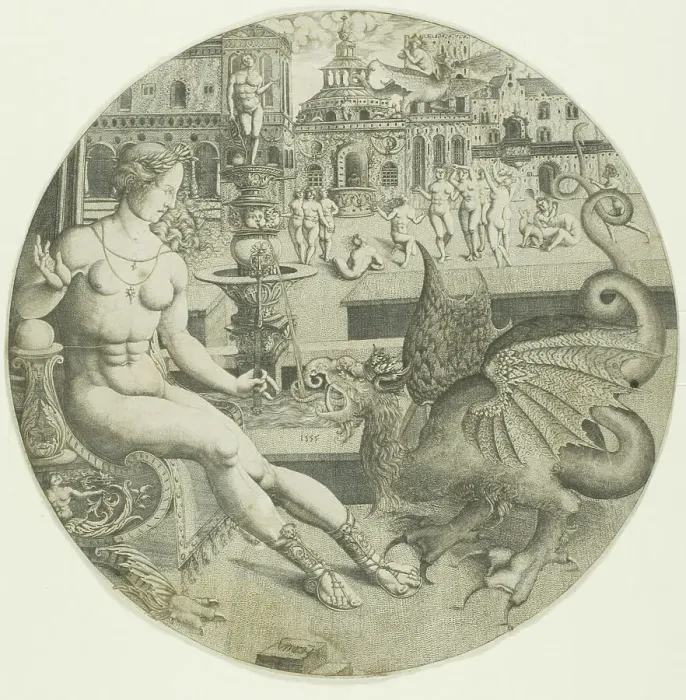 Framed Print : The Naked Woman and the Dragon, 1553. Creator: Allaert Claesz Framed Print : The Naked Woman and the Dragon, 1553. Creator: Allaert Claesz