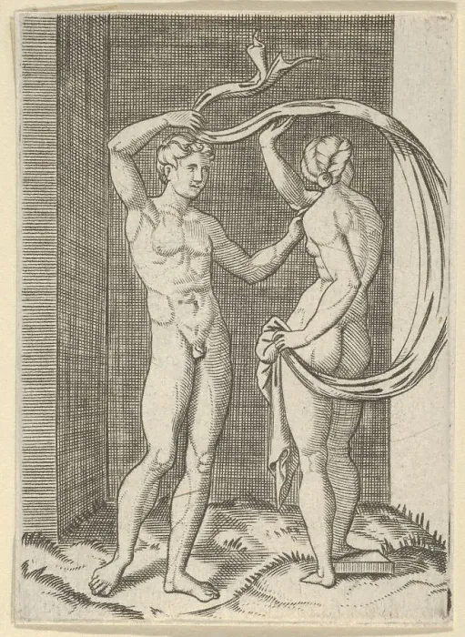 Framed Print : Naked woman viewed from behind holding fabric which billows behind her, looking a... ca. 1500-1600. Creator: Anon Framed Print : Naked woman viewed from behind holding fabric which billows behind her, looking a... ca. 1500-1600. Creator: Anon