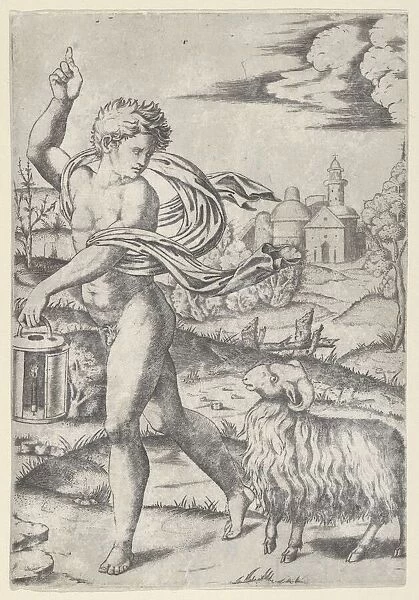 A naked young man walking left, carrying a lantern and looking backwards over his s... ca. 1510-27. Creator: Marcantonio Raimondi