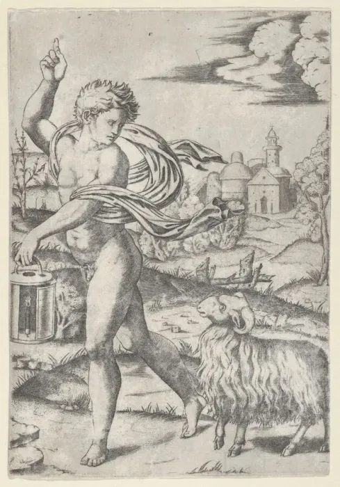 Framed Print : A naked young man walking left, carrying a lantern and looking backwards over his s... ca. 1510-27. Creator: Marcantonio Raimondi Framed Print : A naked young man walking left, carrying a lantern and looking backwards over his s... ca. 1510-27. Creator: Marcantonio Raimondi