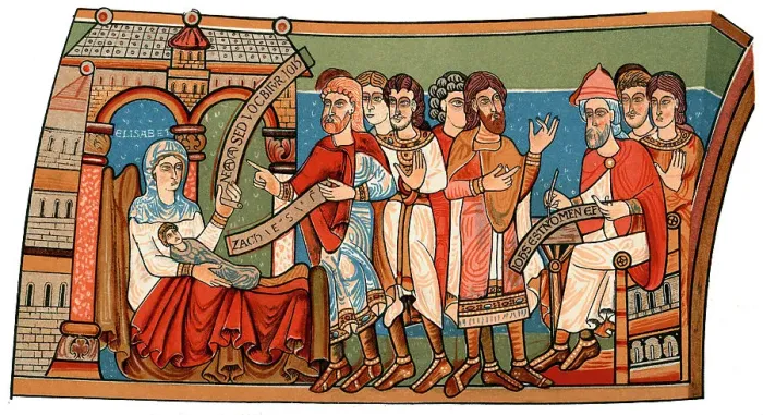 Framed Print : Naming of St John the Baptist, 12th century, (1892) Framed Print : Naming of St John the Baptist, 12th century, (1892)