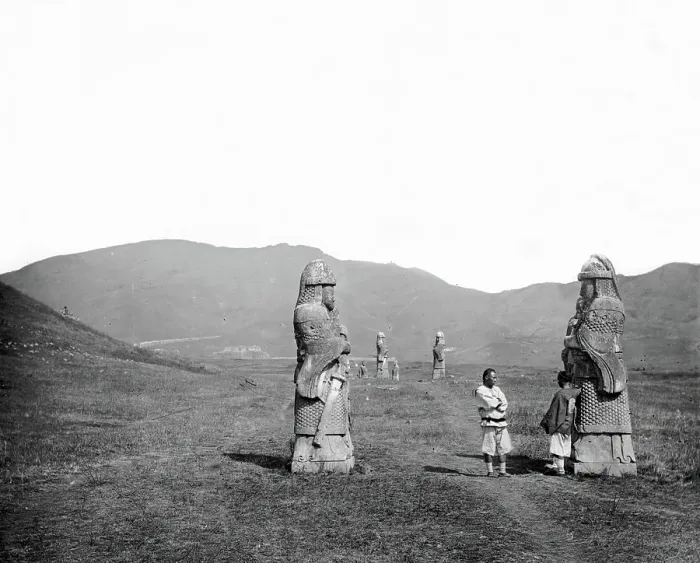 Framed Print : Nanking, Kiangsu province, China: stone warriors at the tomb of Zhu Yuanzhang, the first... 1871. Creator: John Thomson Framed Print : Nanking, Kiangsu province, China: stone warriors at the tomb of Zhu Yuanzhang, the first... 1871. Creator: John Thomson