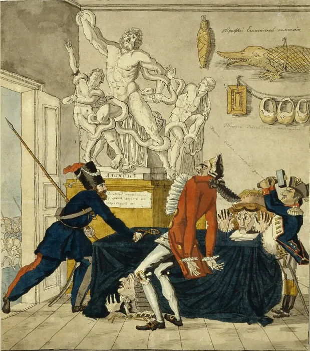 Framed Print : Napoleon Bonaparte selling Stolen Goods, 1813. Artist: Terebenev, Ivan Ivanovich (1780-1815) Framed Print : Napoleon Bonaparte selling Stolen Goods, 1813. Artist: Terebenev, Ivan Ivanovich (1780-1815)