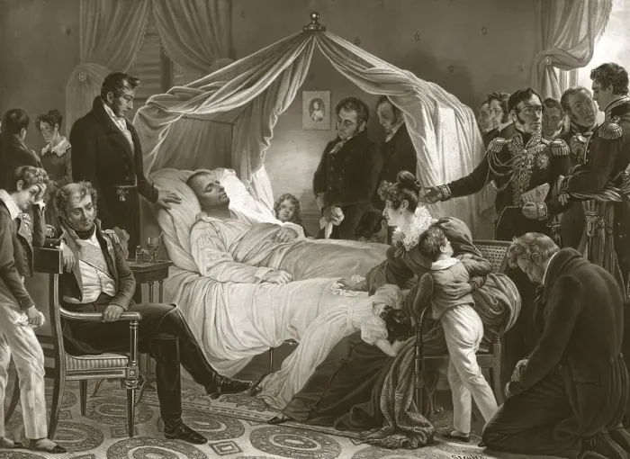Framed Print : Napoleon on his Deathbed, 5th May 1821, pub. (engraving). Creator: Carl von Steuben Framed Print : Napoleon on his Deathbed, 5th May 1821, pub. (engraving). Creator: Carl von Steuben