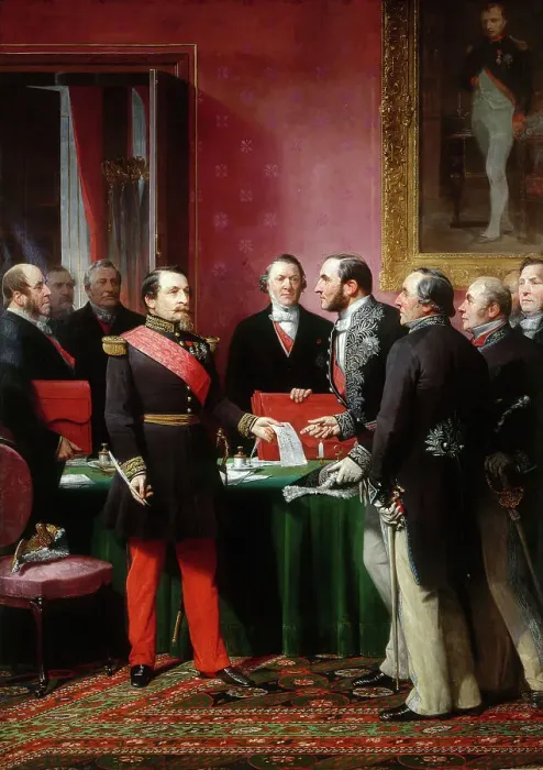 Framed Print : Napoléon III remettant au baron Haussmann le décret d'annexion des communes...(16 février 1859), 1865 Creator: Adolphe Yvon Framed Print : Napoléon III remettant au baron Haussmann le décret d'annexion des communes...(16 février 1859), 1865 Creator: Adolphe Yvon