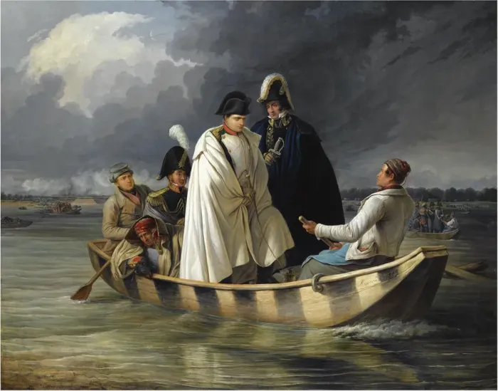 Framed Print : Napoleon leaving the Lobau after the defeat at the battle of Aspern, 1845. Artist: Perger, Anton Ritter von (1809-1876) Framed Print : Napoleon leaving the Lobau after the defeat at the battle of Aspern, 1845. Artist: Perger, Anton Ritter von (1809-1876)